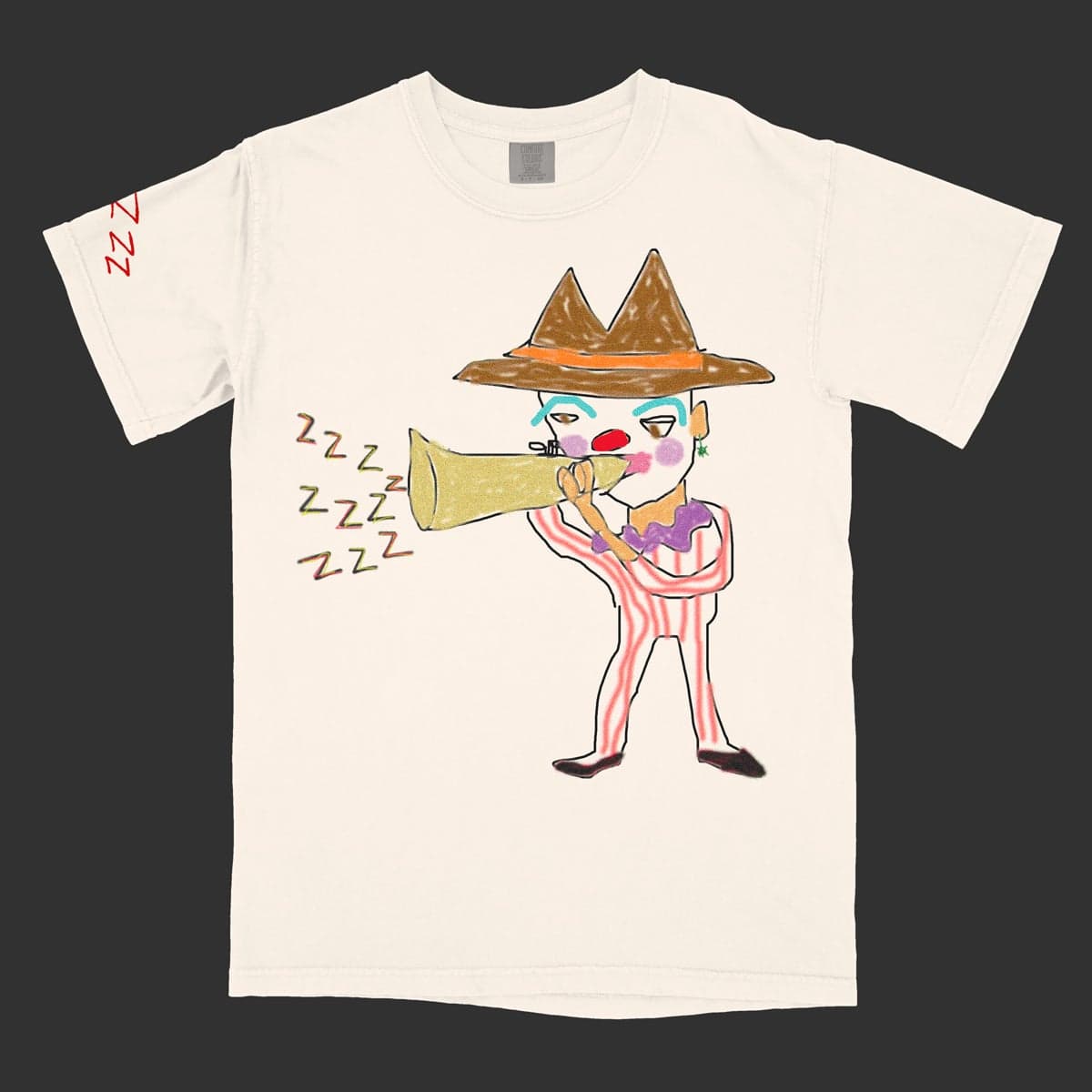 White t-shirt with cartoon character playing horn illustration