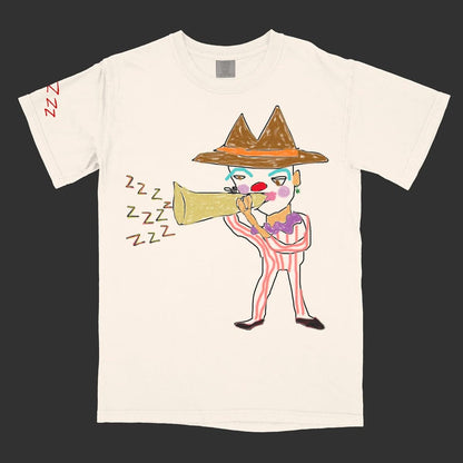 White t-shirt with cartoon character playing horn illustration